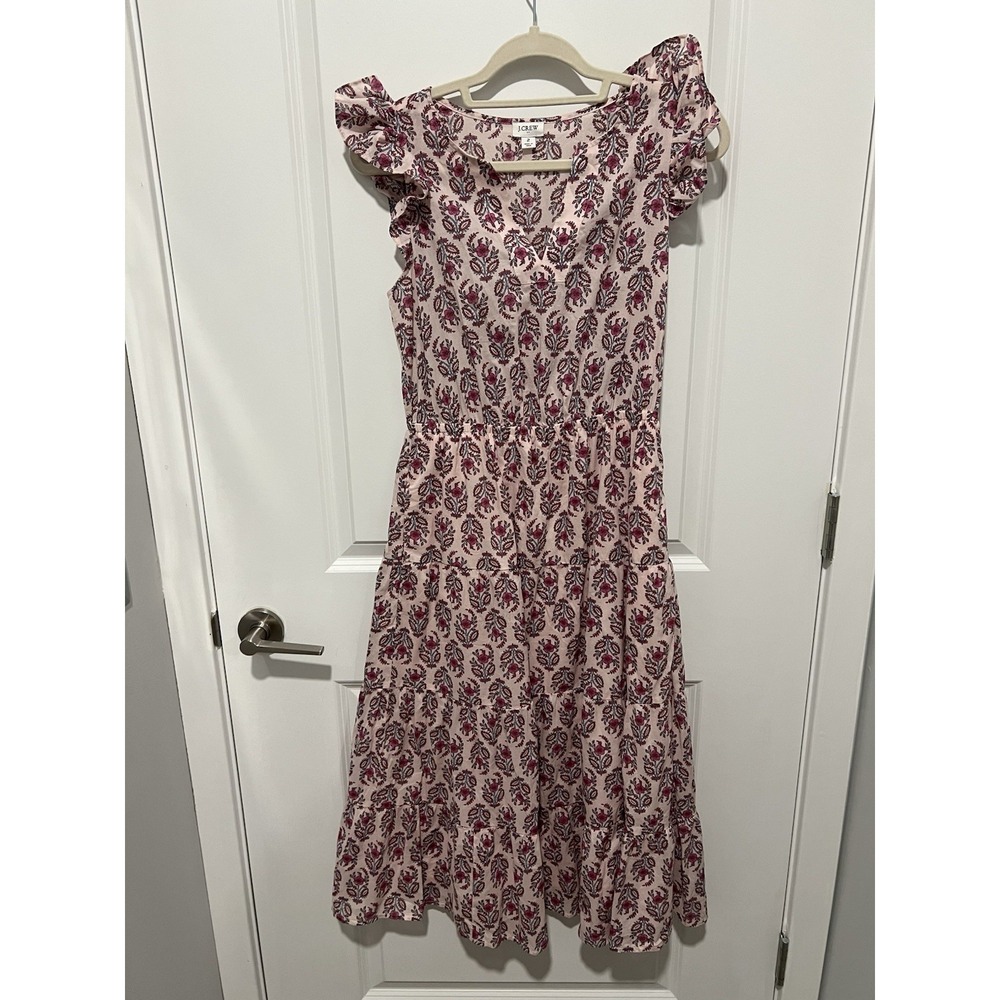 J. Crew Ruffle-Sleeve Cotton Midi Dress Pink Floral Print Women's Size 2